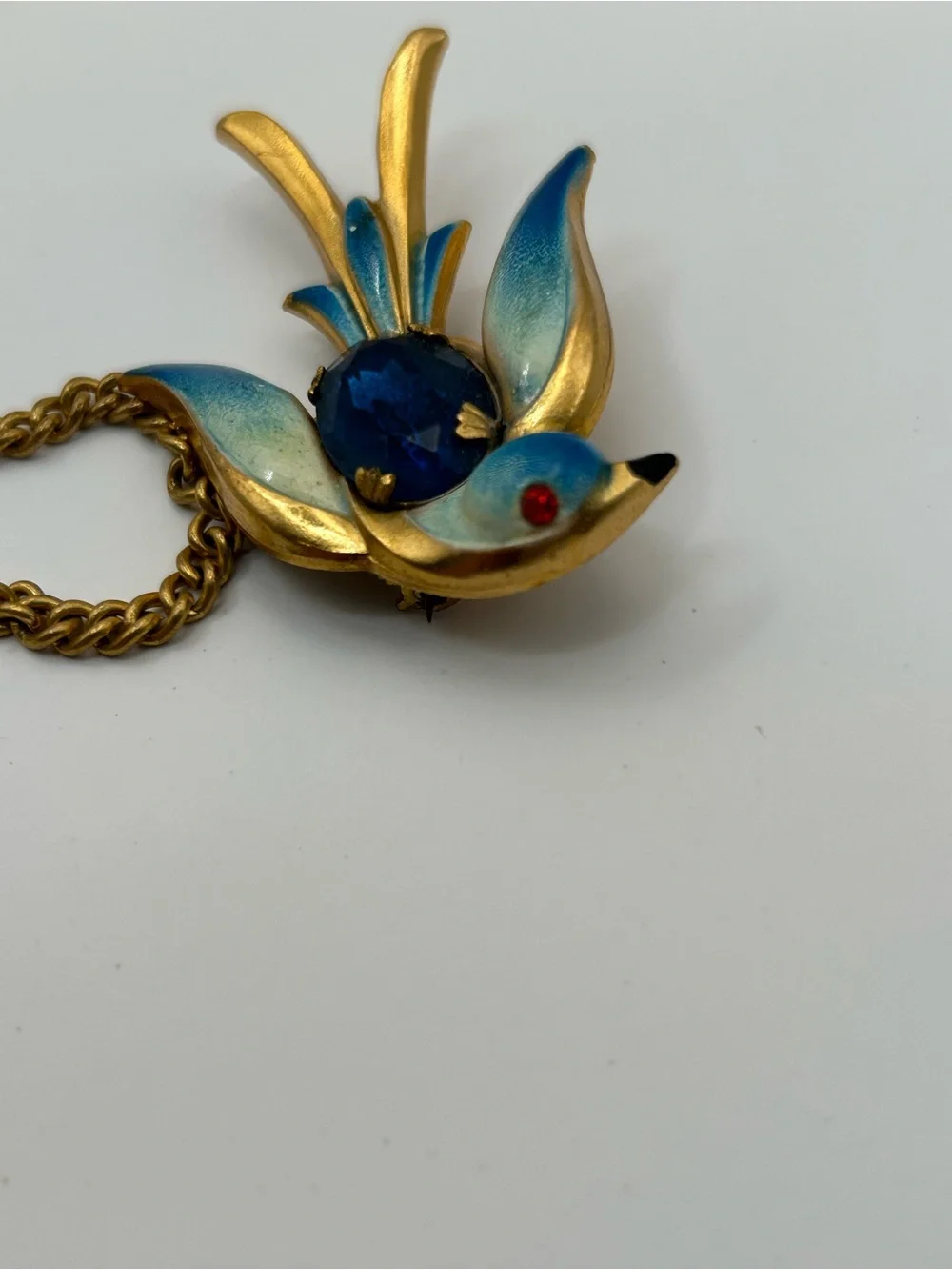 Vintage Coro Pegasus Blue Enamel Bird Chain Brooch - Elegant Blue Crystal Accent
